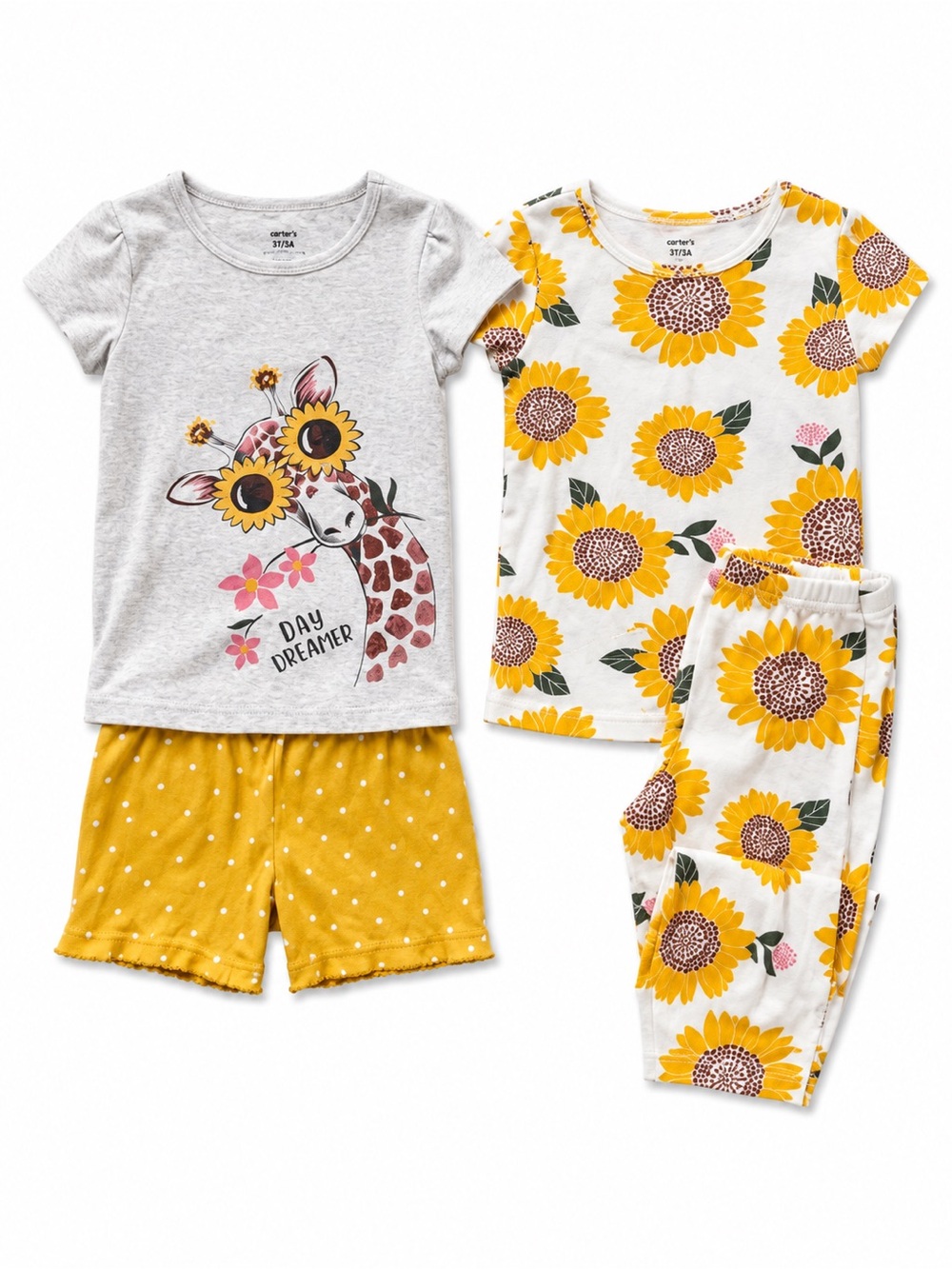 Carter’s Girls Pajama set 4 piece bundle pants, short Sunflower Giraffe Size 4T